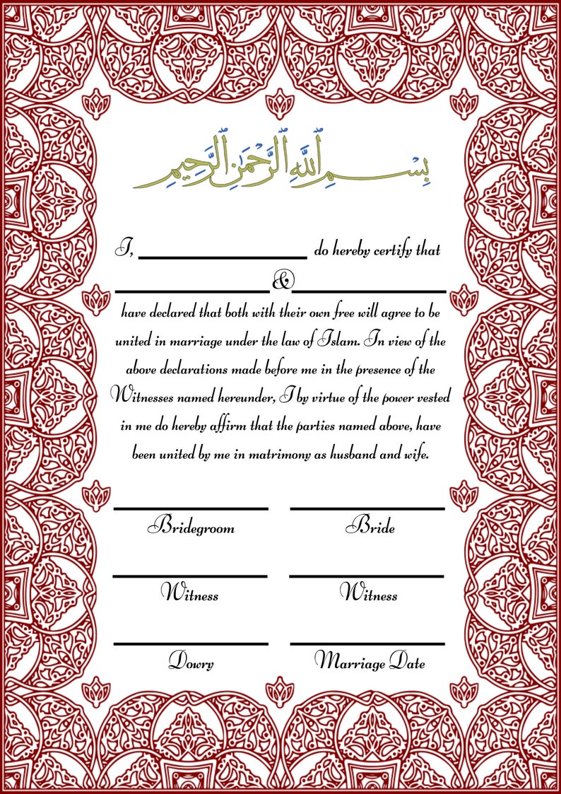 Printable Islamic Wedding Marriage Certificate Nikah Nama Certificate Set of 3 Digital Download ...