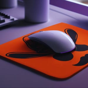 May include: A white wireless mouse with a purple light on a bright orange mousepad with a black cartoon design.