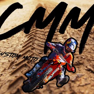 May include: A black and white logo with the text "CMM CUSTOM MOTO" on a dirt background. A motocross rider is in mid-air on a red and white dirt bike.