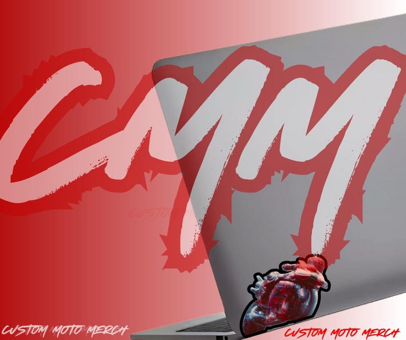 May include: A white laptop with a red and white graphic that says "CYM" and a sticker of a red motorcycle on the bottom right corner. The text "CUSTOM MOTO MERCH" is at the bottom of the image.