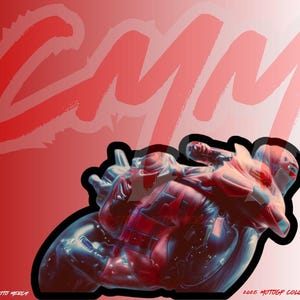 May include: A red, white, and blue graphic design of a motorcycle rider in a red and black suit, with the text "CUSTOM MOTO MERCH" and "2023 MOTOGP COLLECTION" at the bottom of the image.