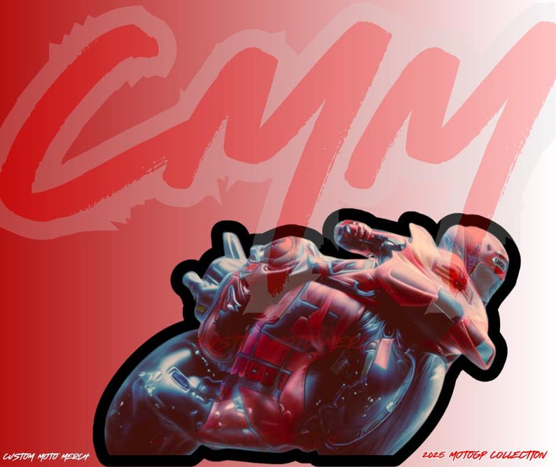 May include: A red, white, and blue graphic design of a motorcycle rider in a red and black suit, with the text "CUSTOM MOTO MERCH" and "2023 MOTOGP COLLECTION" at the bottom of the image.