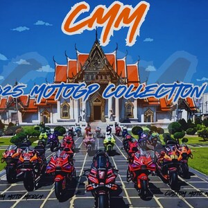 May include: A collection of custom motorcycle designs with the text "2025 MOTOGP COLLECTION" and "CMM CUSTOM MOTO MERCH" in front of a temple in Thailand.