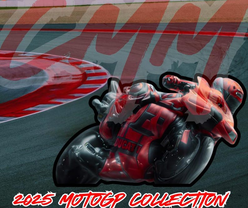 May include: A red and black motorcycle racer speeding around a track. The motorcycle has the word "DUCATI" on the side. The image is part of a 2025 MotoGP collection.