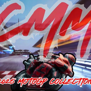 May include: A red, white, and blue graphic with the text "CMM" in large, bold letters. Below the graphic is a red and black motorcycle with a rider in a red and black racing suit. The text "2023 MOTOGP COLLECTION" is below the motorcycle.