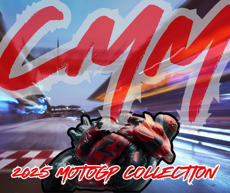 May include: A red, white, and blue graphic with the text "CMM" in large, bold letters. Below the graphic is a red and black motorcycle with a rider in a red and black racing suit. The text "2023 MOTOGP COLLECTION" is below the motorcycle.