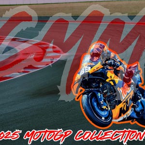 May include: A motorcycle racer in an orange and black racing suit rides a motorcycle on a racetrack. The motorcycle is orange and black with a number 89 on the side. The image has the text "2023 MOTOGP COLLECTION" at the bottom.