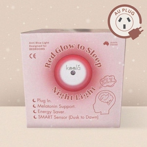 May include: A pink box featuring a red night light with the text "Red Glow to Sleep Night Light." The box includes the text "Anti Blue Light Designed for BEDROOMS," and "Plug In. Melatonin Support. Energy Saver. SMART Sensor (Dusk to Dawn)." An Australian plug is shown.