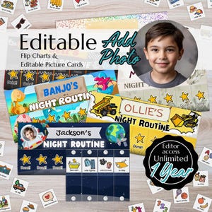 May include: An assortment of editable night routine charts and picture cards. The charts feature names like "Jackson's" and "Ollie's" with illustrations and the text "Night Routine." The image includes a photo of a child and the words "Add Photo."