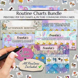 May include: A bundle of printable routine charts and picture communication cards. The charts include themes for morning, afternoon, chores, potty training, and bedtime routines. The bundle includes 6 girls' themes and all routines are included.