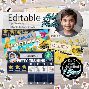 May include: An assortment of editable potty training charts and picture cards. The charts feature names like "Banjo's" and "Jackson's" with star and icon graphics. The image includes a photo of a child and the text "Add Photo".