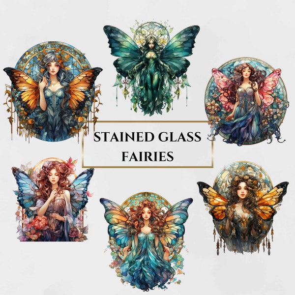 22 PNG Watercolour Stained Glass Fairies Clipart