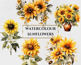 34 PNG Watercolour Sunflower Clipart Bundle