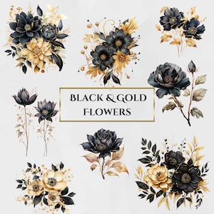 26 PNG Watercolour Black and Gold Flower Clipart