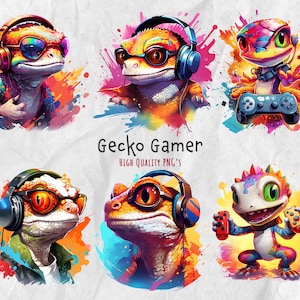 Bunter Gecko DJ PNG Bundle - Graffiti Retro Gaming Art, 6x Dateien - Digital Download, Musik Gamepad Eidechse - Instant Access!