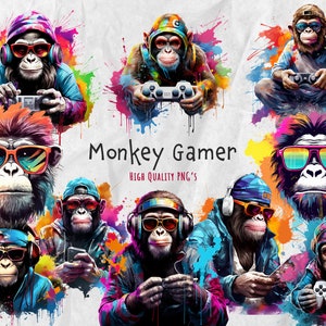 Kleurrijke Gaming Monkey PNG-bundel - 10 digitale bestanden - retro graffiti, gorilla, muziek, gamepad - direct downloaden voor gamingliefhebbers
