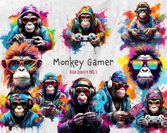 Colorful Gaming Monkey PNG Bundle - 10 Digital Files - Retro Graffiti Gorilla, Music, Gamepad - Instant Download for Gaming Enthusiasts