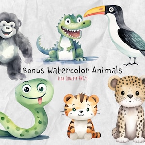 6x Bônus Brincalhão Safari Aquarela Animais | Clipart PNG transparente, 300 DPI, download digital | Uso comercial | Leopardo, Pássaro, Gorila