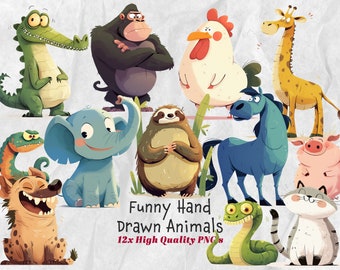 Funny Hand Drawn Animals, Cute Illustrations, Wild Clip Art, Funny Animals, Quirky Safari Clipart, Transparent PNGs