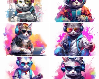 Kitty 6x PNG File - PNG File - Digital Download - Graffiti Retro Gaming Cat DJ - Colorful Music Gamepad Gaming Cat