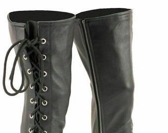 Genuine Leather Thigh High Side Laces Leggings Chaps Black Leather Gothic Side Lacing Thigh High Legging Chaps