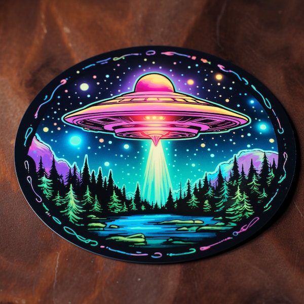 Luminous Lakeside Landing Holographic UFO Sticker