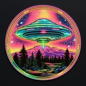 Adesivo holográfico de OVNI neon dos anos 80