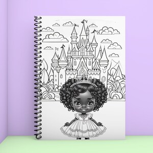 May include: Black and white coloring book featuring a princess with a crown and a castle in the background.