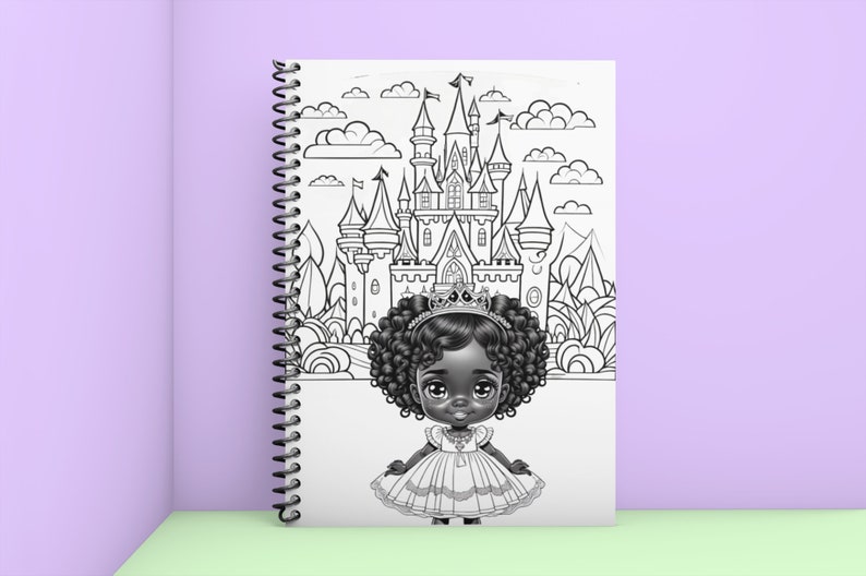 May include: Black and white coloring book featuring a princess with a crown and a castle in the background.