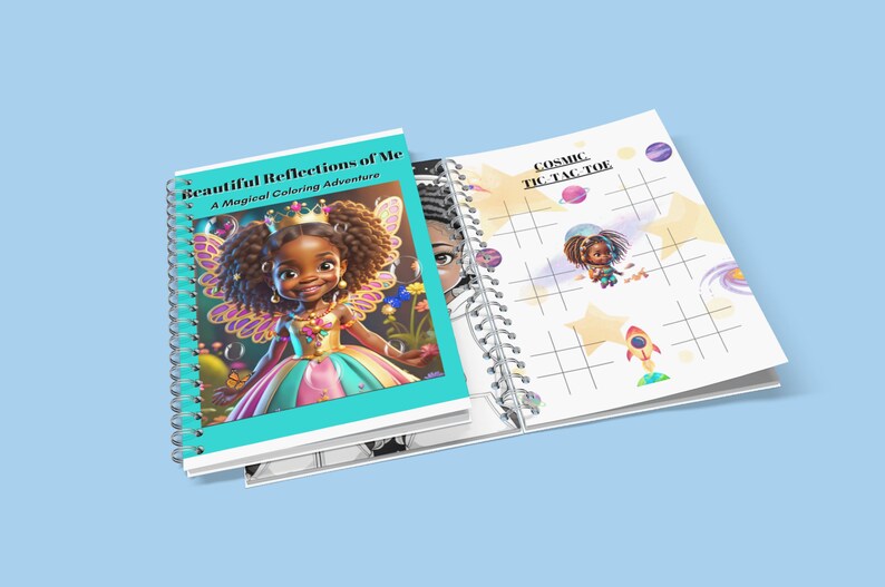 May include: A spiral bound coloring book with a turquoise cover featuring a young girl with brown skin and curly hair wearing a pink and green dress and fairy wings. The title of the book is "Beautiful Reflections of Me: A Magical Coloring Adventure". The book is open to reveal a page with a cosmic tic-tac-toe game.