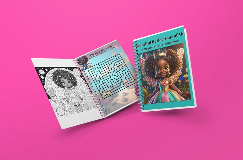 May include: Two coloring books featuring a young girl with brown skin and curly hair. The first book is open to a maze titled "The Lost Mermaid" and the second book is closed with the title "Beautiful Reflections of Me: A Magical Coloring Adventure".