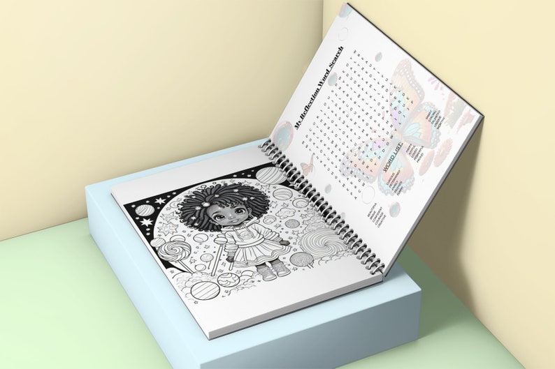 May include: A black and white coloring book with a spiral binding. The cover features a girl with curly hair standing in front of a galaxy with planets and stars. The inside page shows a word search puzzle with the title "My Reflection Word Search".