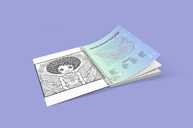 May include: A spiral bound coloring book with a black and white illustration of a fairy with afro hair on the front cover. The back cover features a word search puzzle with a blue and green gradient background.
