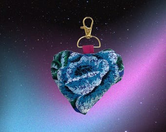 Handmade Moon Garden Heart Bag Charm | Blue Floral Textile Accessory (Made to Order)