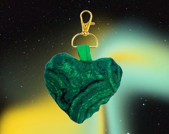 Handmade Malachite Heart Bag Charm | Cotton Fabric, Gold Clasp (Made to Order)