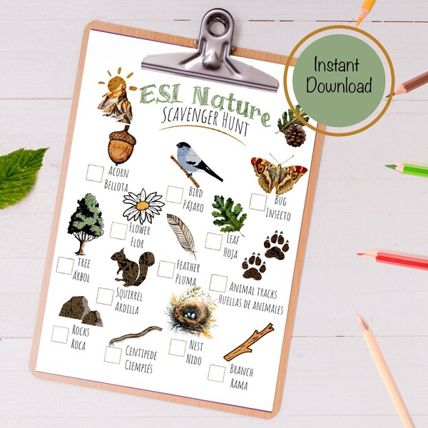 ESL Nature Scavenger Hunt, Educational Worksheets, Treasure Hunt, ESL, Outdoor Activity Printable, National Park Activity, ESL Teacher Game