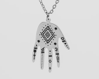 Magische Halskette Handlesen | Silber Edelstahl Hand Kette | Tätowierte Hand Henna | Hexenschmuck | Wicca Halskette | Wicca Schmuck | Hexe