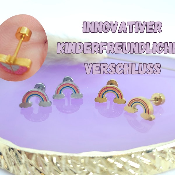 Regenbogen Kinder Ohrstecker mit Drehverschluss | Extra Ohrringe für Kinder | Edelstahl | Gold und Silber |Mädchen Ohrstecker |Kinderschmuck