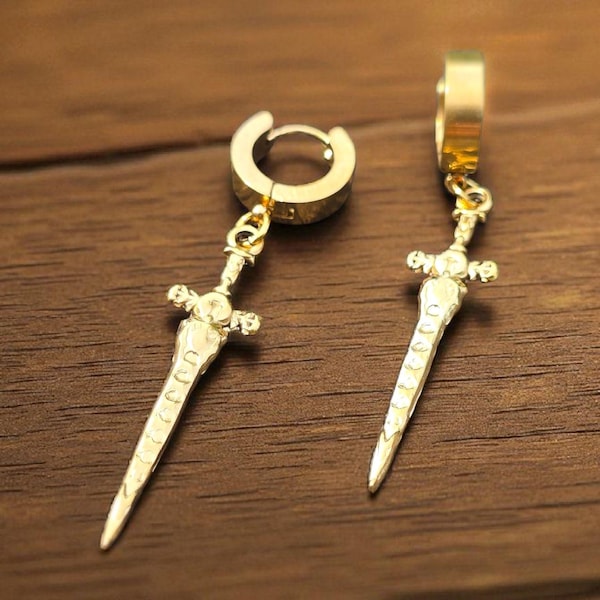 Sword earrings gold | Dagger earrings | Huggie gothic jewelry | Fantasy bookmark gift | Alternative jewelry | Girlfriend gift