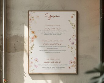 Könnte beinhalten: Ein druckbarer digitaler Download mit einem floralen Design, einem personalisierten Namen, "Yasmin", und islamischen Gebeten für Schutz, Gesundheit und Führung sowie Wohlbefinden. Der Text ist sowohl in Arabisch als auch in Englisch.