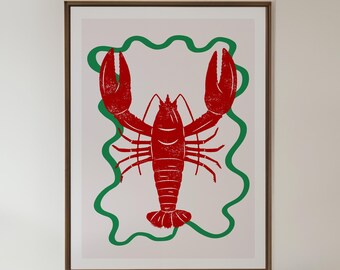 May include: A red lobster illustration with a green wavy outline. The lobster is in a simple, graphic style.