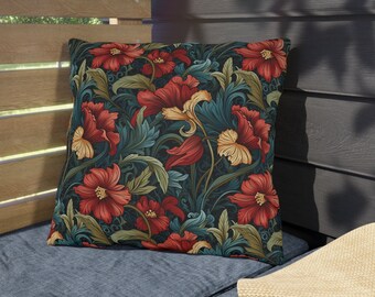 Outdoor William Morris Inspired Floral Print Pillow, UV & Mildew Resistant, Vintage Botanical Art Nouveau Aesthetic Throw Pillow Patio Decor