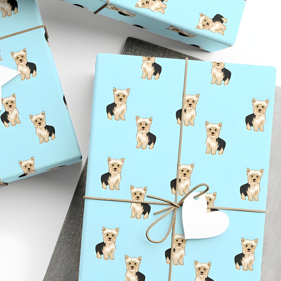 Yorkie Wrapping Paper Blue, Yorkshire Terrier Gifts for Dog Lover, Xmas Wrapping Paper Rolls