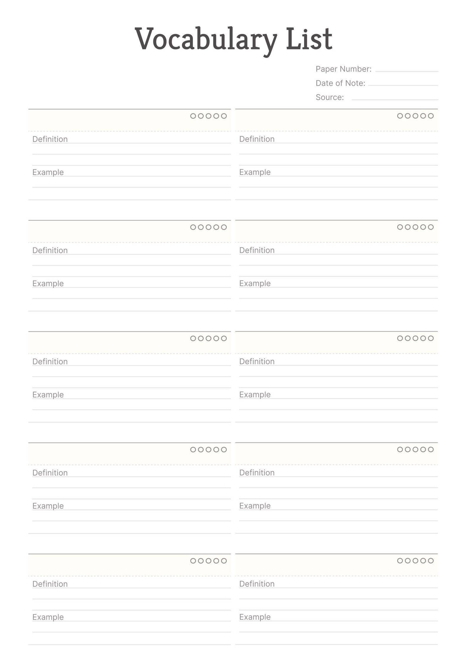 Digital Downloadable and Printable Vocabulary List Template in Etsy Digital Downloadable and Printable Vocabulary List Template in Etsy