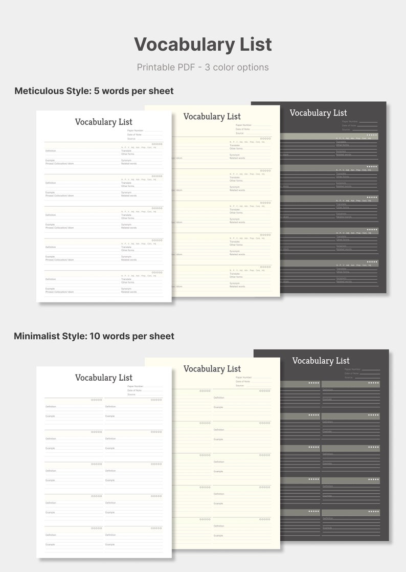Digital Downloadable and Printable Vocabulary List Template in Etsy Digital Downloadable and Printable Vocabulary List Template in Etsy