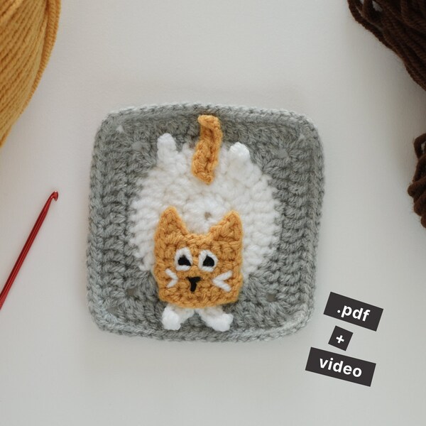 Crochet Pattern - Cat Granny Square - PDF Pattern - Video tutorial - 3D Granny Square - Afghan Block - English Only - Instant Download