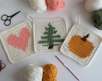 3 Potholder Pattern Set: Heart, Tree, Pumpkin (chart + instructions) | DIY Crochet | US/UK Terms