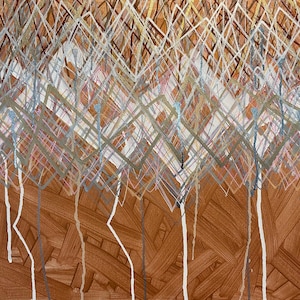 May include: Abstract painting with a textured, brown background and a layered pattern of intersecting lines in white, gray, and gold. Vertical white lines drip down from the upper pattern.