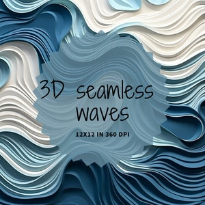 Peut inclure: Motif abstrait sans couture de vagues 3D bleues et blanches. L'image mesure 12x12 pouces à 360 DPI.