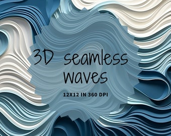 3D Seamless Digital Paper Waves - Water Background, Wave Clip Art, 12x12in, Commercial Use, Sublimation, Seamless, Instant Download